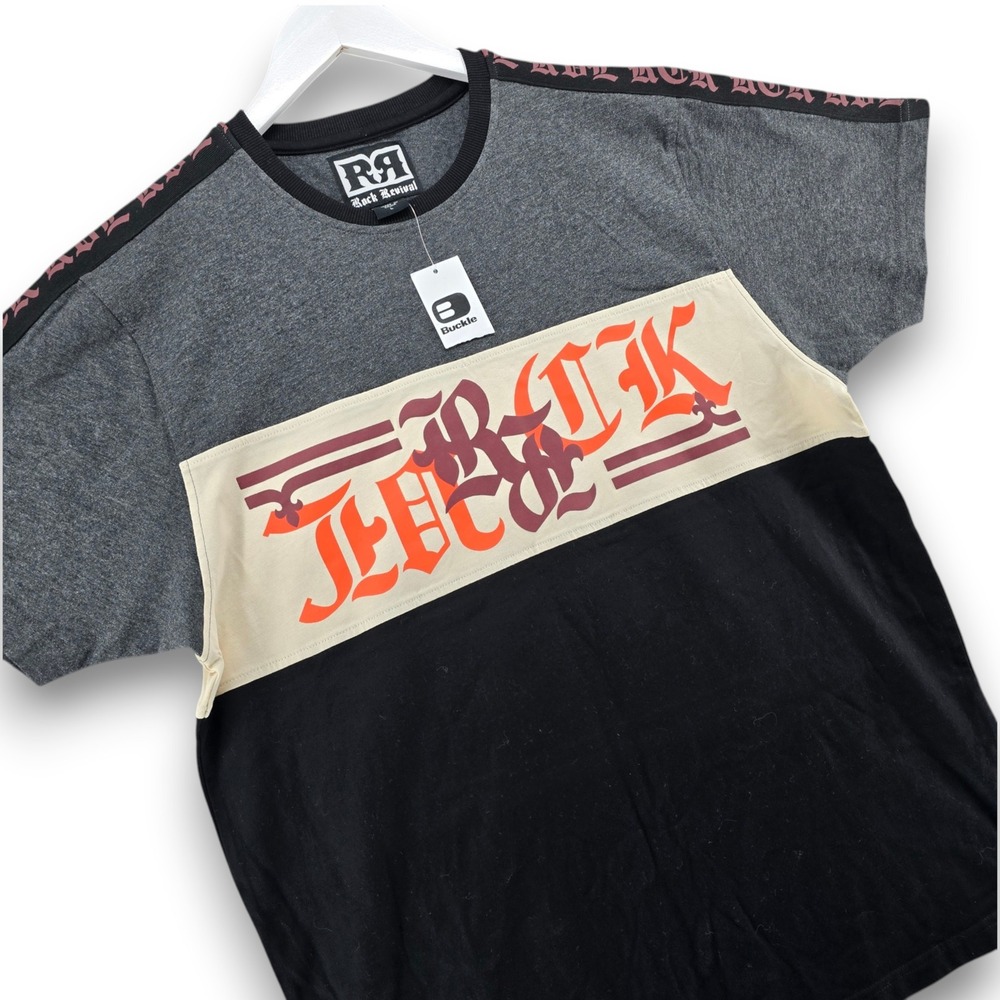 Rock Revival Barela Mens Tee Shirt Large Black Grey Khaki Cotton Graphic FBA4710